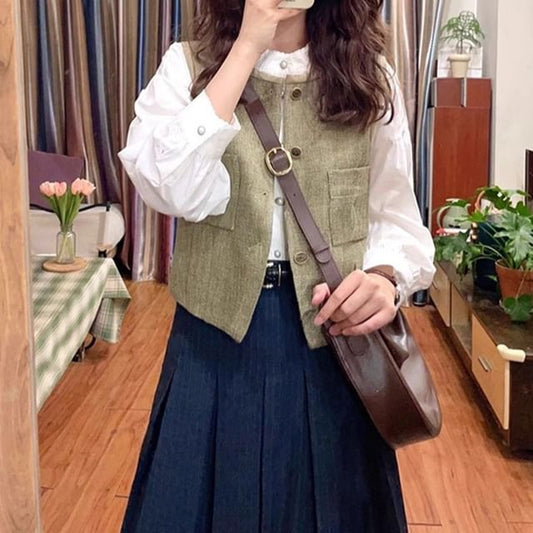 Long-Sleeve Stand Collar Plain Button-Up Blouse / Round Neck Vest / High Rise Striped Pleated Midi A-Line Skirt / Set