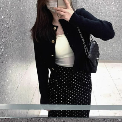 Scoop Neck Plain Crop Camisole Top / Crew Neck Button-Up Cardigan / High Rise Dotted Slit Maxi Pencil Skirt / Set