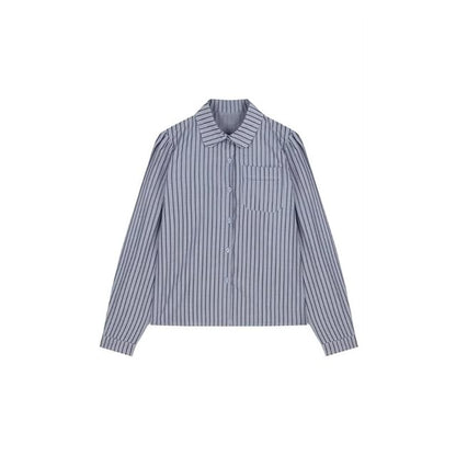 Long-Sleeve Striped Button-Up Shirt / Crew Neck Tweed Crop Vest / High Waist Pleated Mini A-Line Skirt / Set