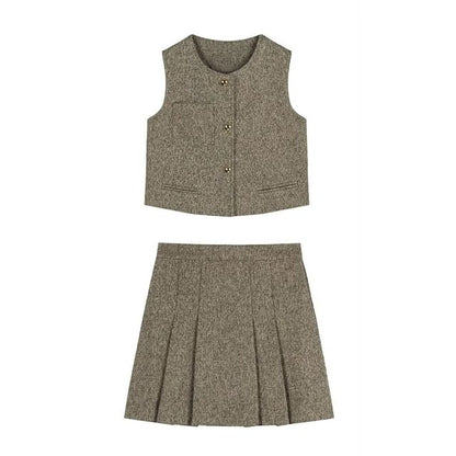 Long-Sleeve Striped Button-Up Shirt / Crew Neck Tweed Crop Vest / High Waist Pleated Mini A-Line Skirt / Set