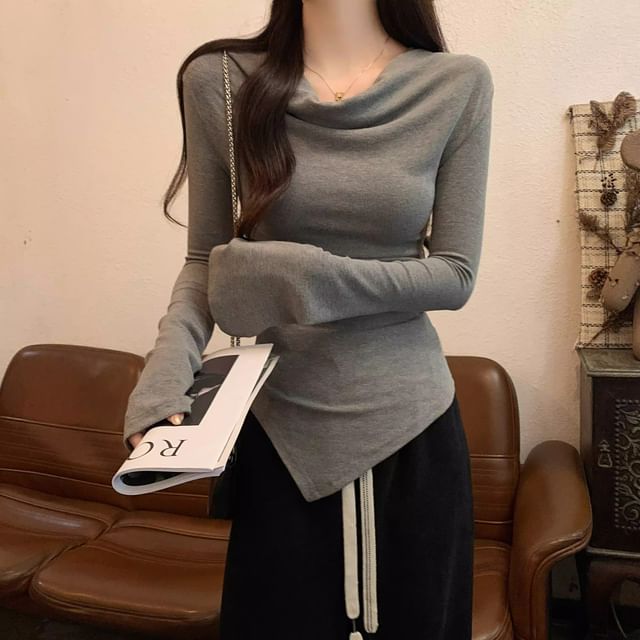 Long-Sleeve Cowl Neck Plain Asymmetrical Slim Fit T-Shirt