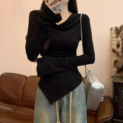Long-Sleeve Cowl Neck Plain Asymmetrical Slim Fit T-Shirt