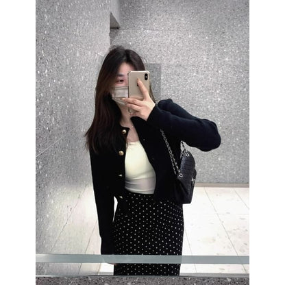 Scoop Neck Plain Crop Camisole Top / Crew Neck Button-Up Cardigan / High Rise Dotted Slit Maxi Pencil Skirt / Set