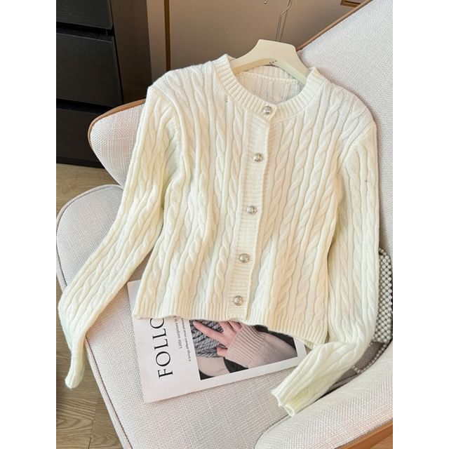 Cable-Knit Round-Neck Cardigan in 7 Colors