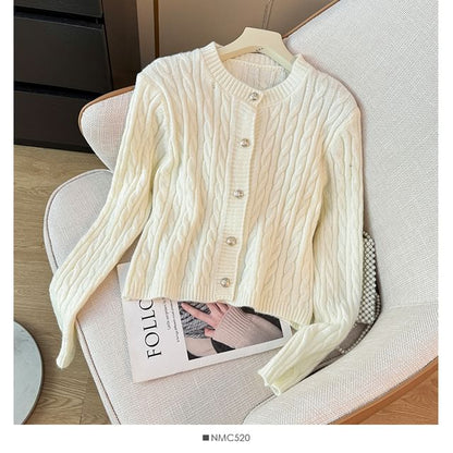 Cable-Knit Round-Neck Cardigan in 7 Colors