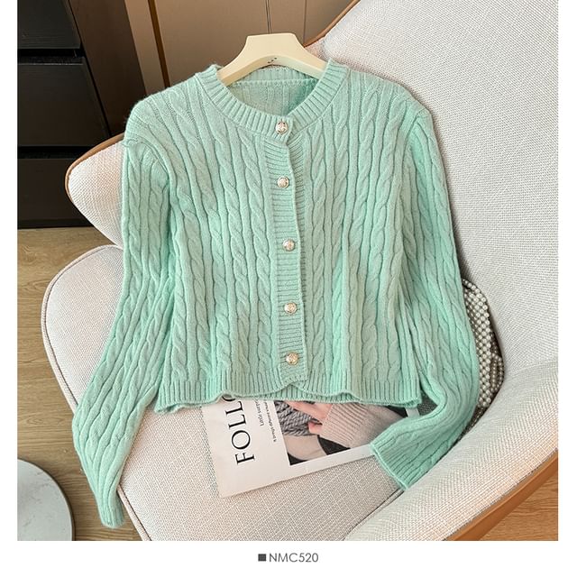 Cable-Knit Round-Neck Cardigan in 7 Colors
