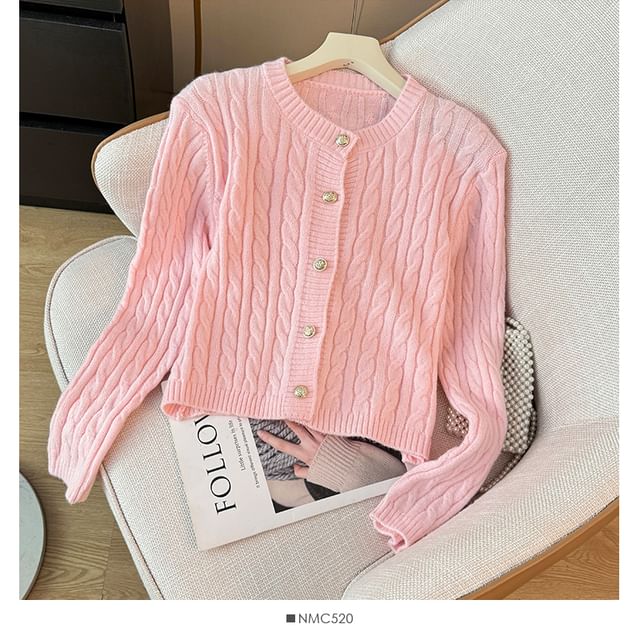 Cable-Knit Round-Neck Cardigan in 7 Colors