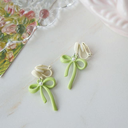 Earring Heart Pearl Drop Faux Bow / Clip-On