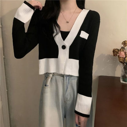 V-Neck Contrast Trim Button-Up Cardigan
