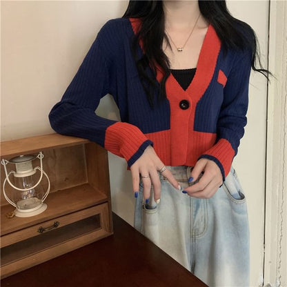 V-Neck Contrast Trim Button-Up Cardigan