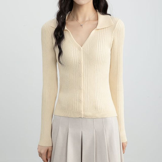 Collared V-Neck Ribbed Cardigan