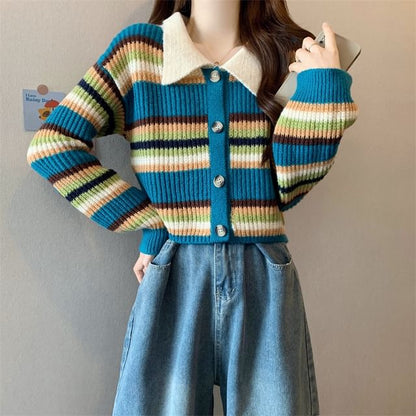 Contrast Collar Striped Ribbed Cardigan