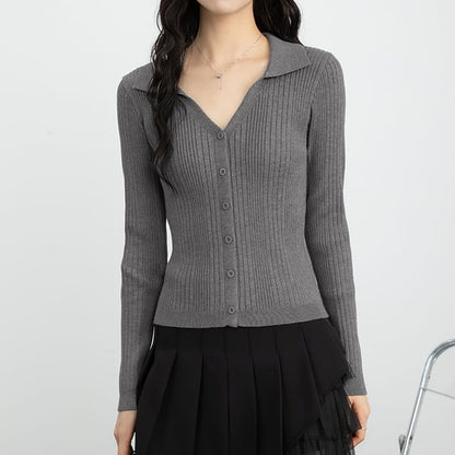 Collared V-Neck Ribbed Cardigan