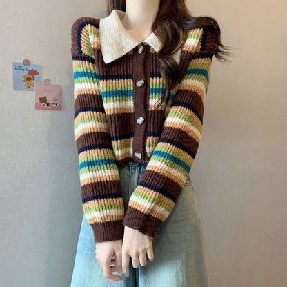 Contrast Collar Striped Ribbed Cardigan