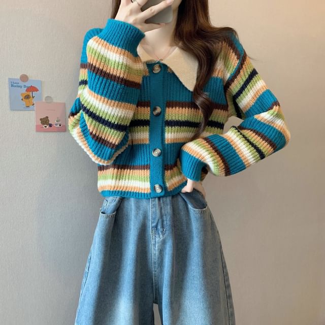 Contrast Collar Striped Ribbed Cardigan
