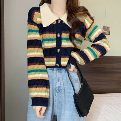 Contrast Collar Striped Ribbed Cardigan