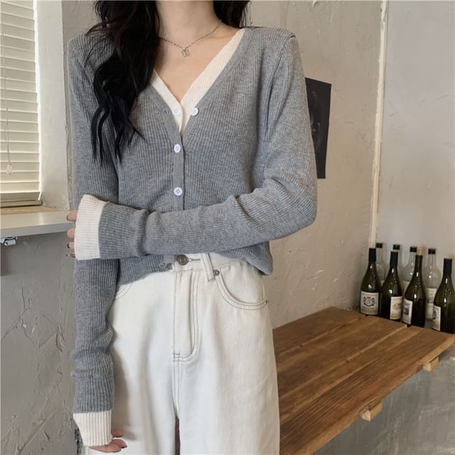 V-Neck Mock Two Piece Cardigan