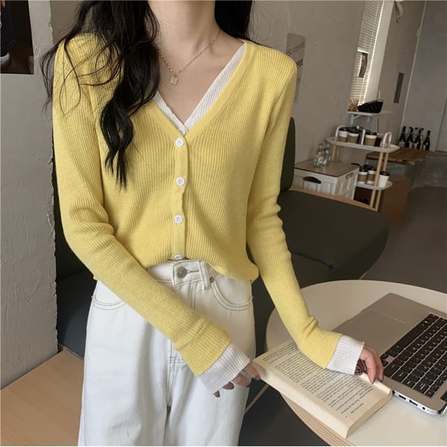 V-Neck Mock Two Piece Cardigan
