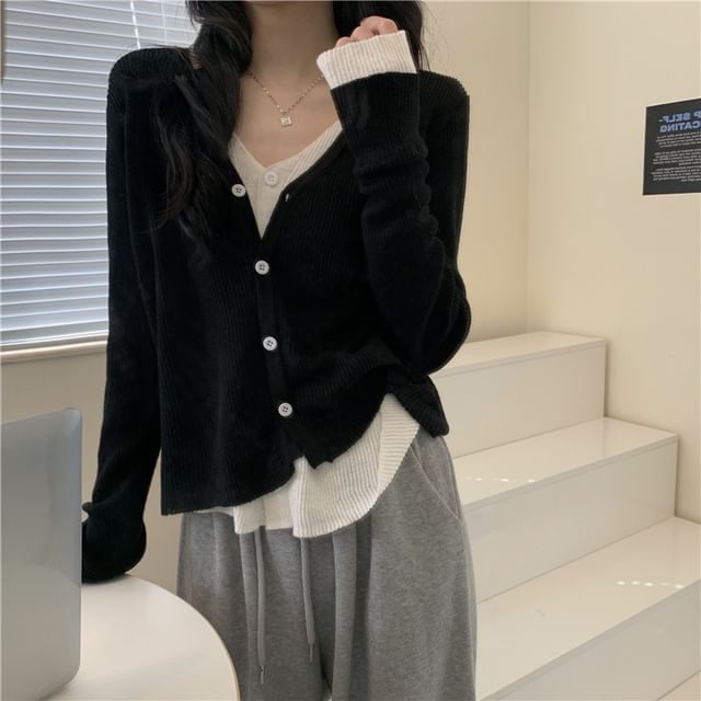 V-Neck Mock Two Piece Cardigan