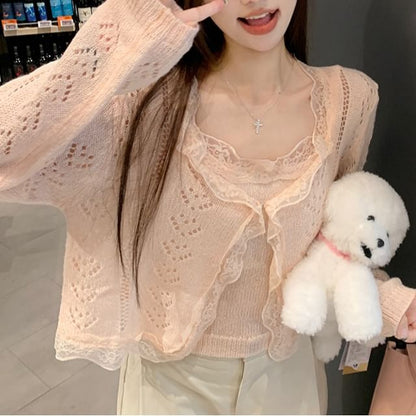 Lace Trim Knit Crop Camisole & Perforated Cardigan