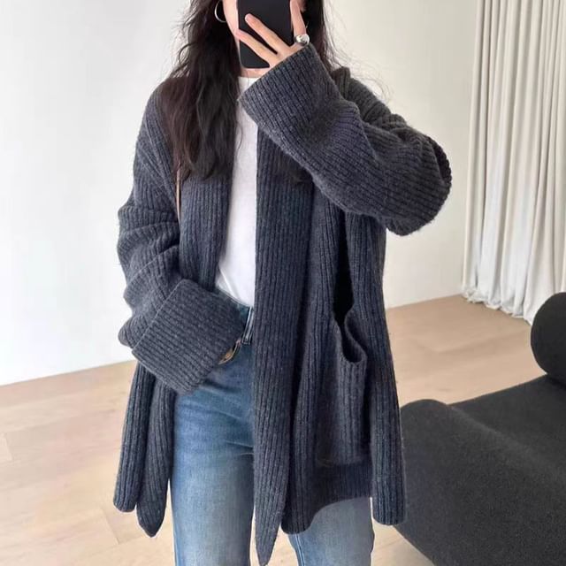 Ribbed Open Front Long Cardigan