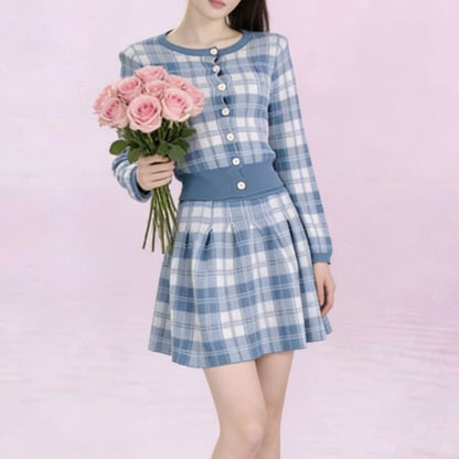 Plaid Cardigan & High Rise Mini A-Line Skirt Set