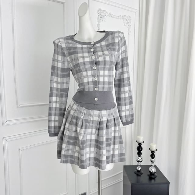 Plaid Cardigan & High Rise Mini A-Line Skirt Set