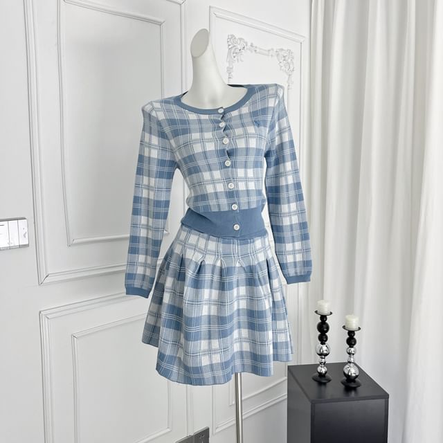 Plaid Cardigan & High Rise Mini A-Line Skirt Set