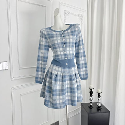 Plaid Cardigan & High Rise Mini A-Line Skirt Set