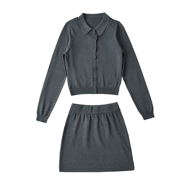 Round Neck Cardigan, Collared Sweater Vest & Knit Mini Skirt Set