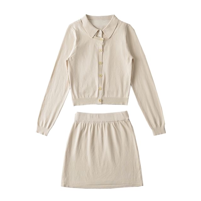 Round Neck Cardigan, Collared Sweater Vest & Knit Mini Skirt Set