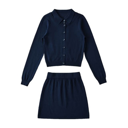 Round Neck Cardigan, Collared Sweater Vest & Knit Mini Skirt Set
