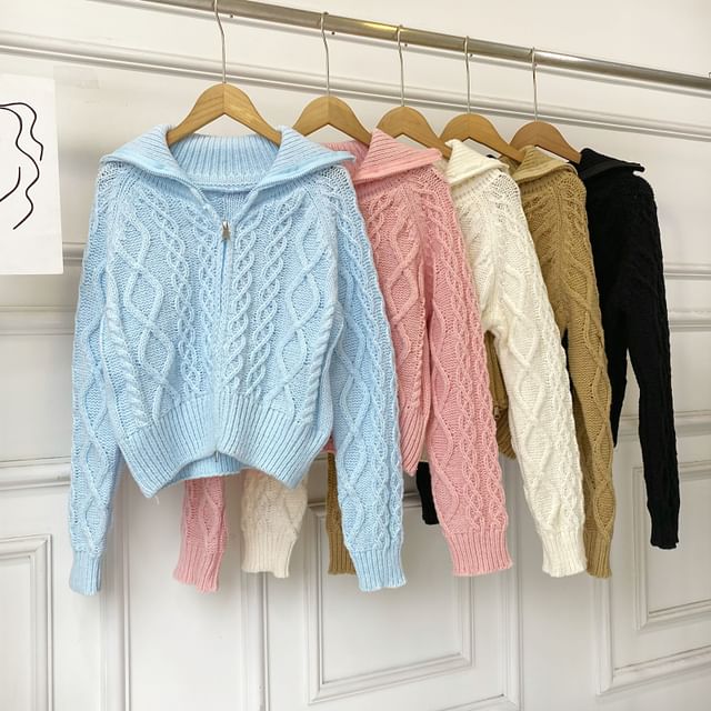 Collared Zip Cable Knit Cardigan