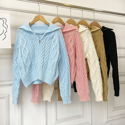 Collared Zip Cable Knit Cardigan