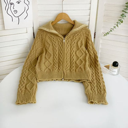 Collared Zip Cable Knit Cardigan