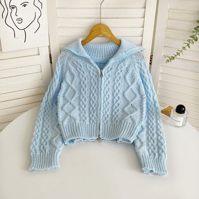 Collared Zip Cable Knit Cardigan