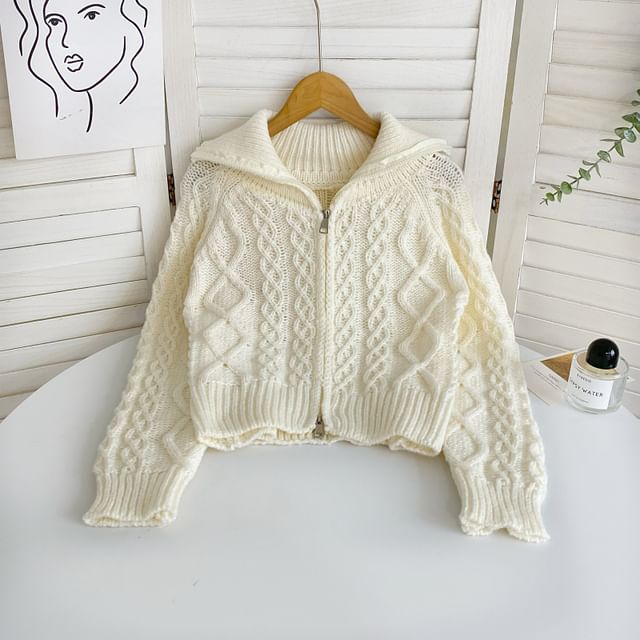 Collared Zip Cable Knit Cardigan