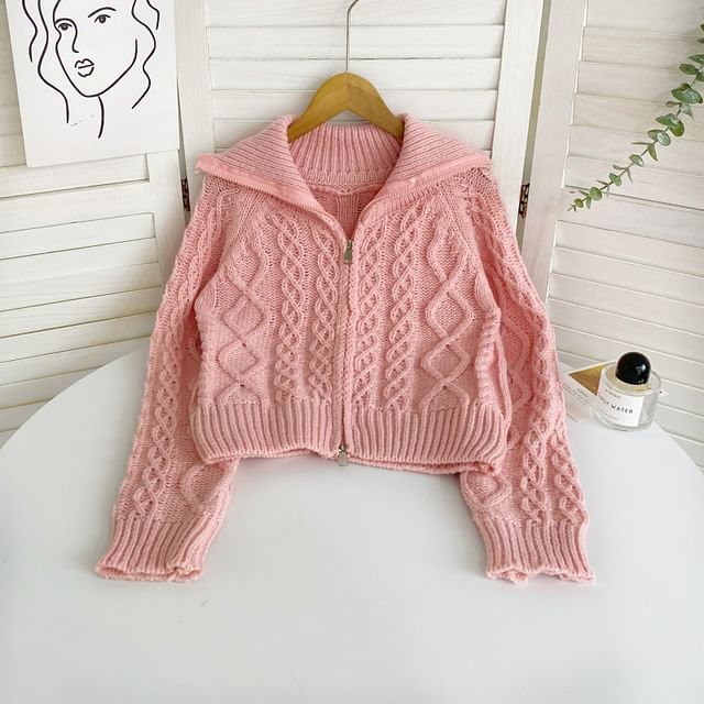 Collared Zip Cable Knit Cardigan
