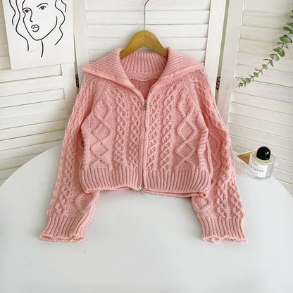 Collared Zip Cable Knit Cardigan