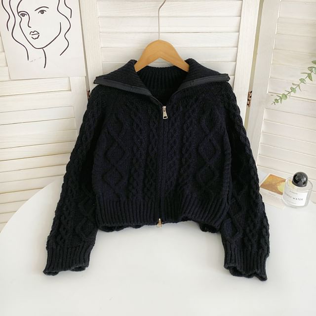 Collared Zip Cable Knit Cardigan