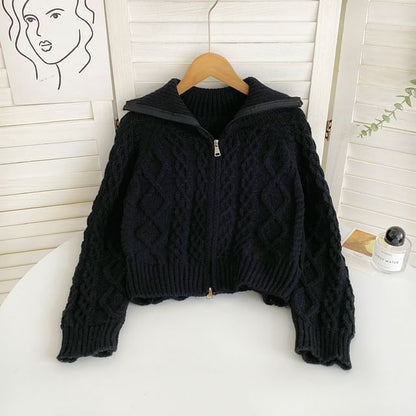 Collared Zip Cable Knit Cardigan