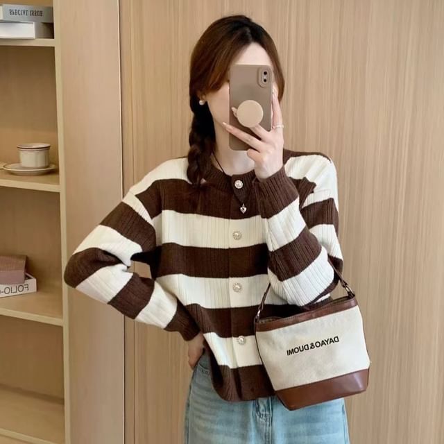 Striped Crewneck Button-Up Cardigan