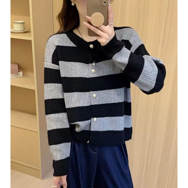 Striped Crewneck Button-Up Cardigan