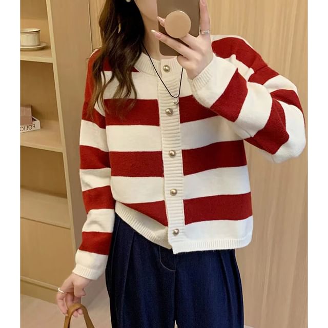 Striped Crewneck Button-Up Cardigan
