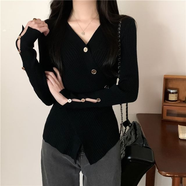 Asymmetrical Button-Front V-Neck Cardigan