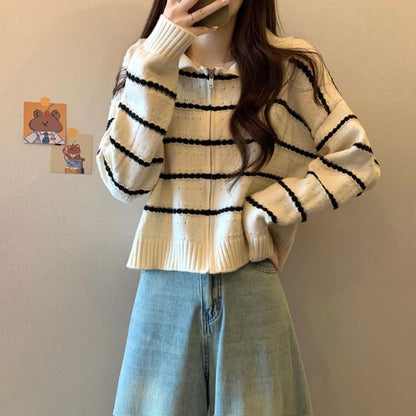 Striped Collared Zip-Up Cardigan