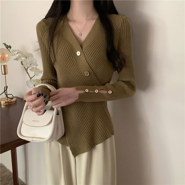 Asymmetrical Button-Front V-Neck Cardigan