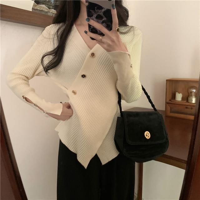 Asymmetrical Button-Front V-Neck Cardigan