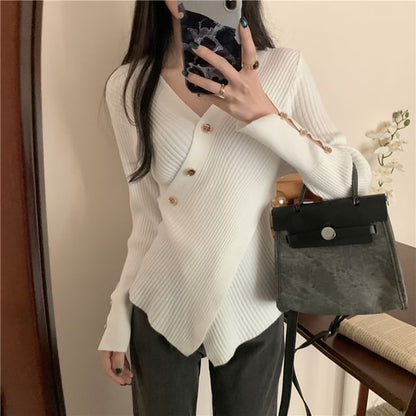 Asymmetrical Button-Front V-Neck Cardigan