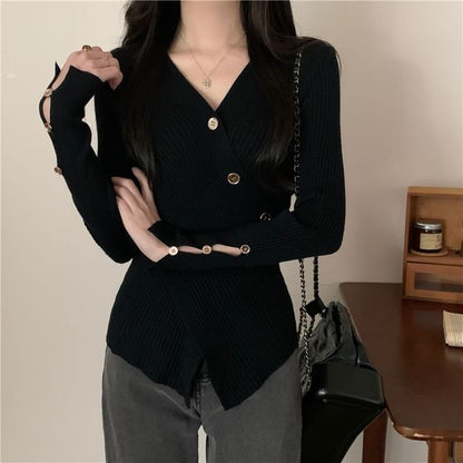 Asymmetrical Button-Front V-Neck Cardigan